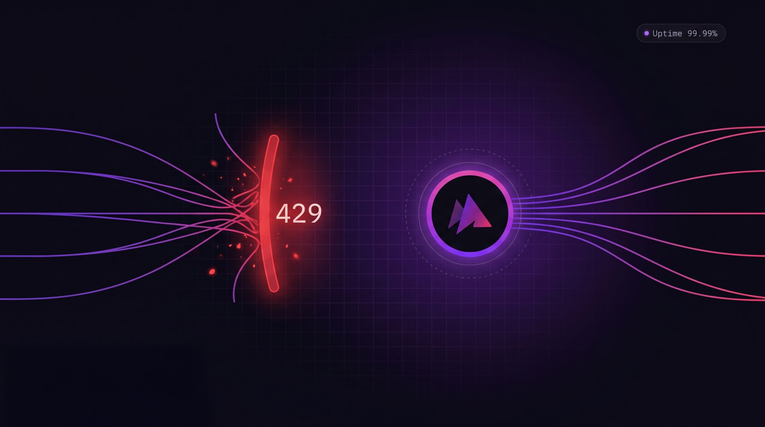 Neon purple-pink tech illustration with flowing lines, a glowing circular logo.