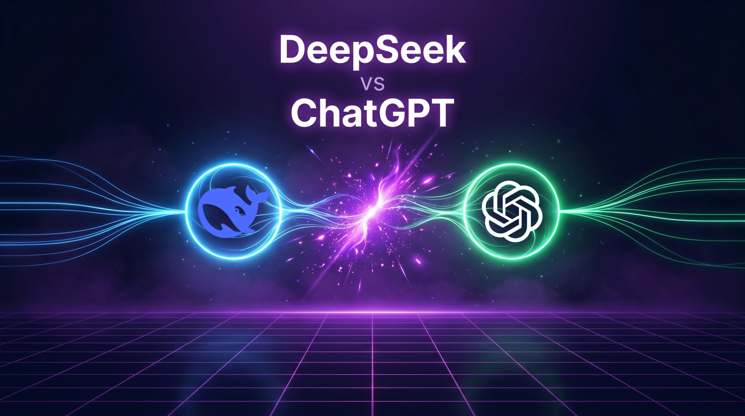 Neon space banner reading 'DeepSeek vs ChatGPT' with a blue whale logo on the left and a white intertwined logo on the right, connected by glowing lines.
