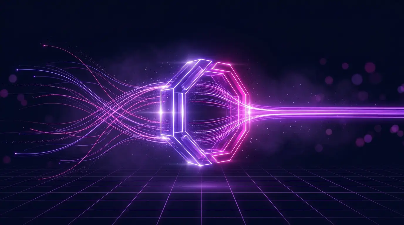 Neon purple hexagonal portal with flowing light trails converging from the left on a dark grid background.