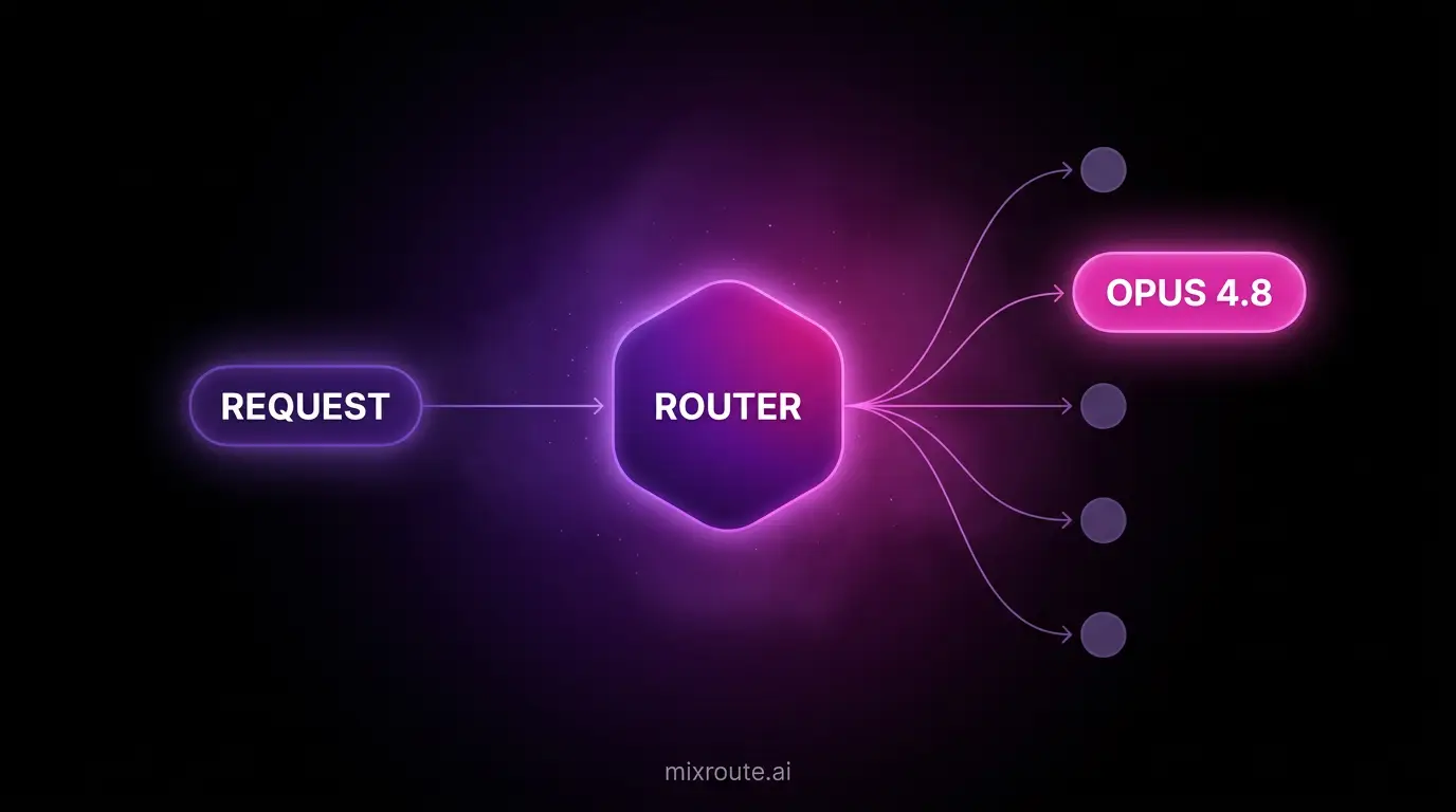 Routing diagram showing a request routed through a central gateway to multiple AI models, with Claude Opus 4.8 highlighted as the newest routed model on MixRoute
