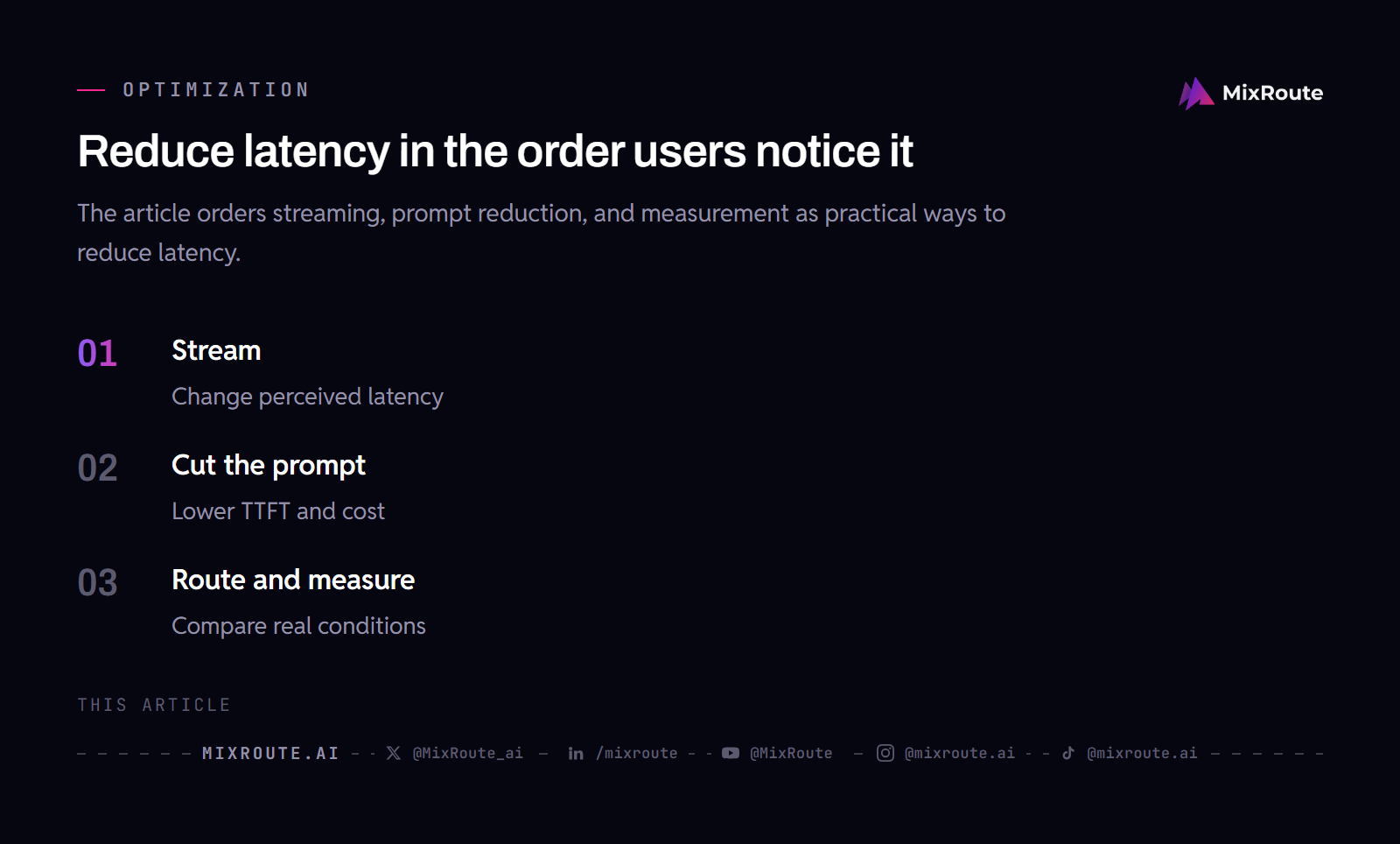 Ordered ways to reduce LLM API latency through streaming, shorter prompts, routing, and measurement
