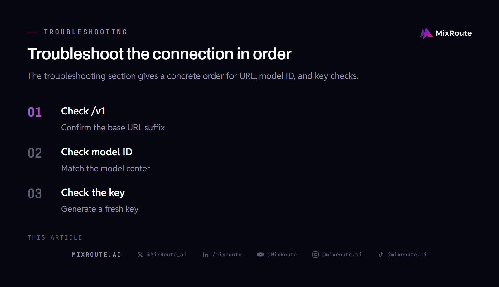 Troubleshooting sequence for a Hermes Agent MixRoute connection