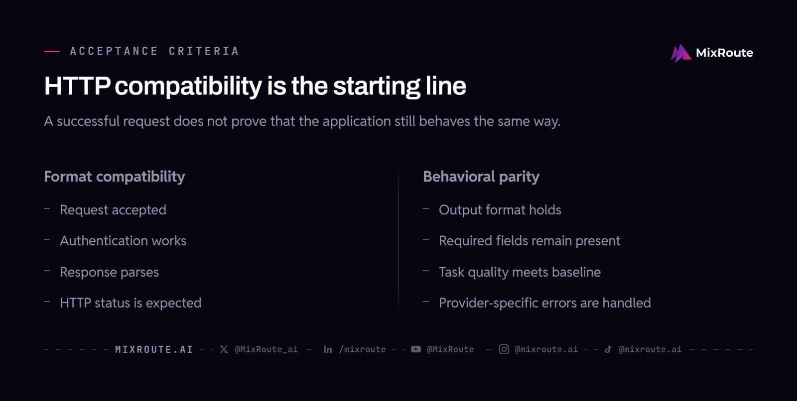 Format compatibility compared with behavioral parity during an LLM API migration