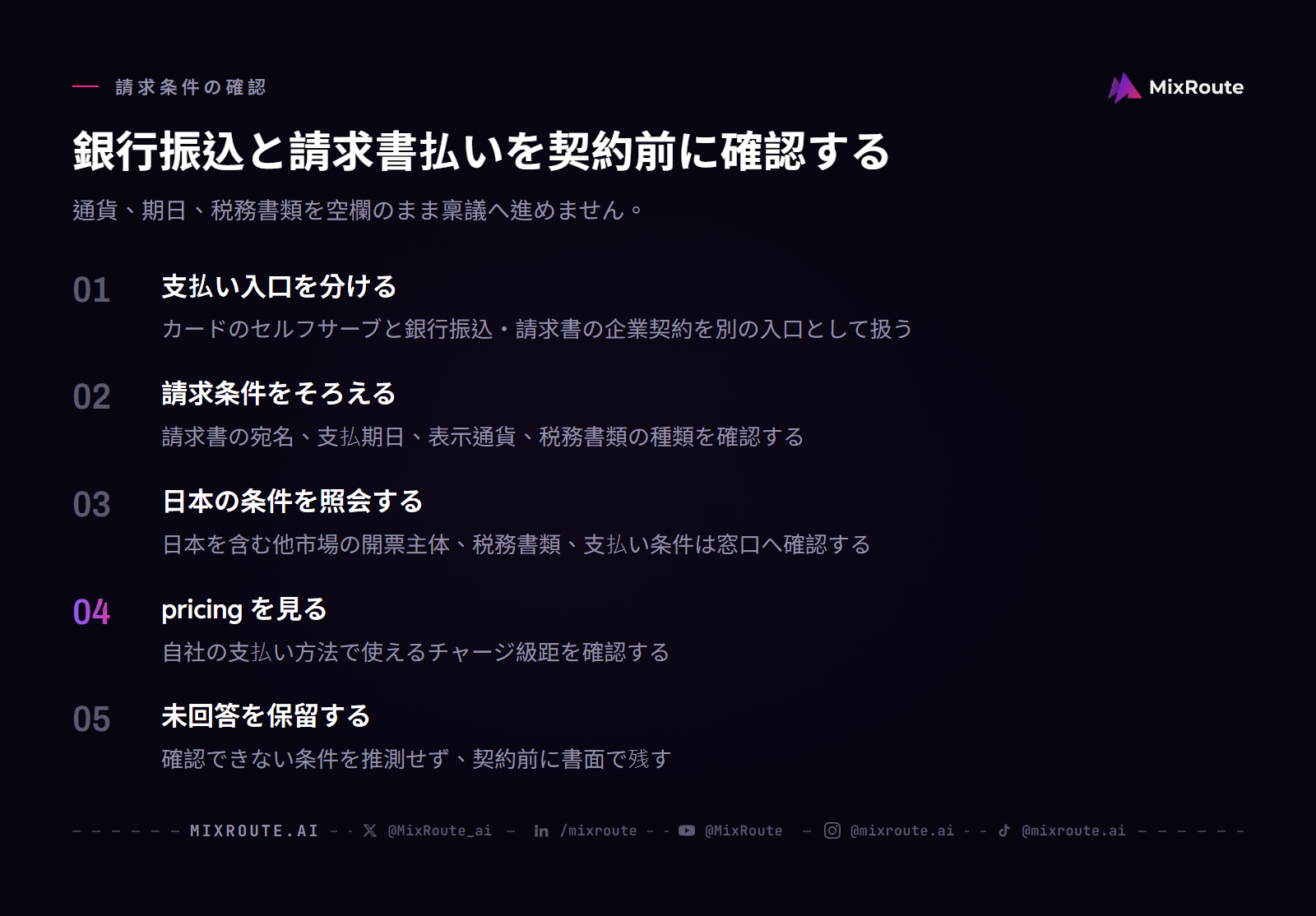 日本企業がAI APIの銀行振込・請求書払いを確認する手順：支払い入口、請求条件、税務書類、チャージの金額帯を契約前に照合する。