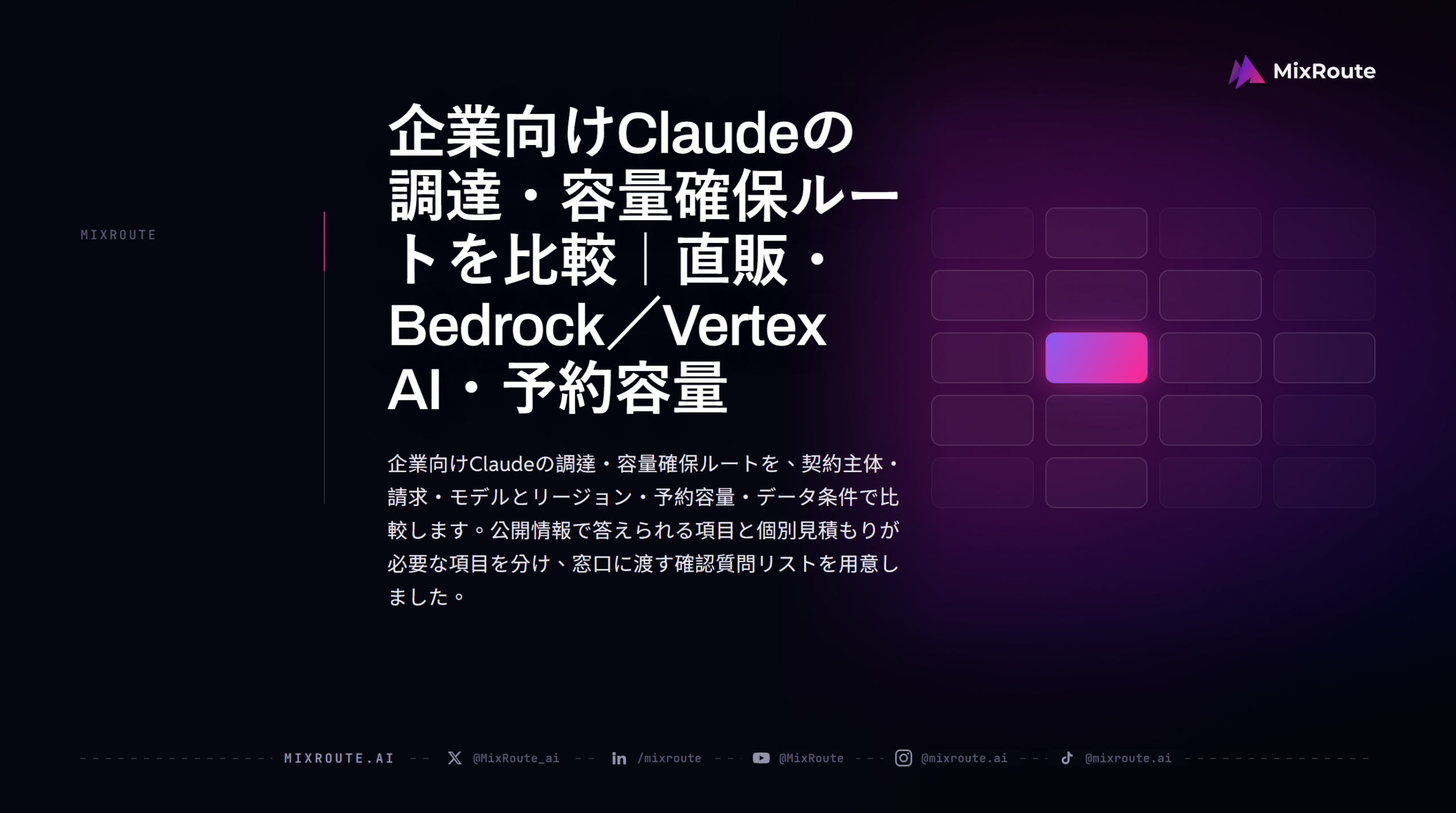 企業向けClaudeの調達・容量確保ルートを比較|直販・Bedrock/Vertex AI・高レート確保枠 1 企業向けClaudeの調達・容量確保ルートを比較|直販・Bedrock/Vertex AI・高レート確保枠