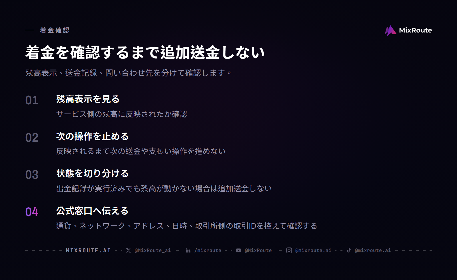 暗号資産送金後はサービス側の残高を確認し、反映されるまで追加送金を止め、必要なら取引情報を添えて公式窓口へ連絡する。