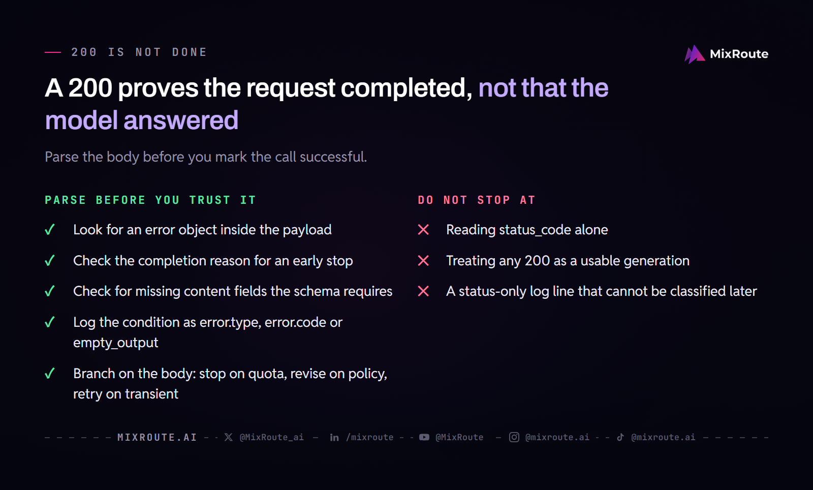 LLM API Error Codes: Who Sent It and When to Retry 5 Checklist of what to parse inside a 200 OK LLM API response, including an error object, the completion reason and missing content fields, beside what not to rely on