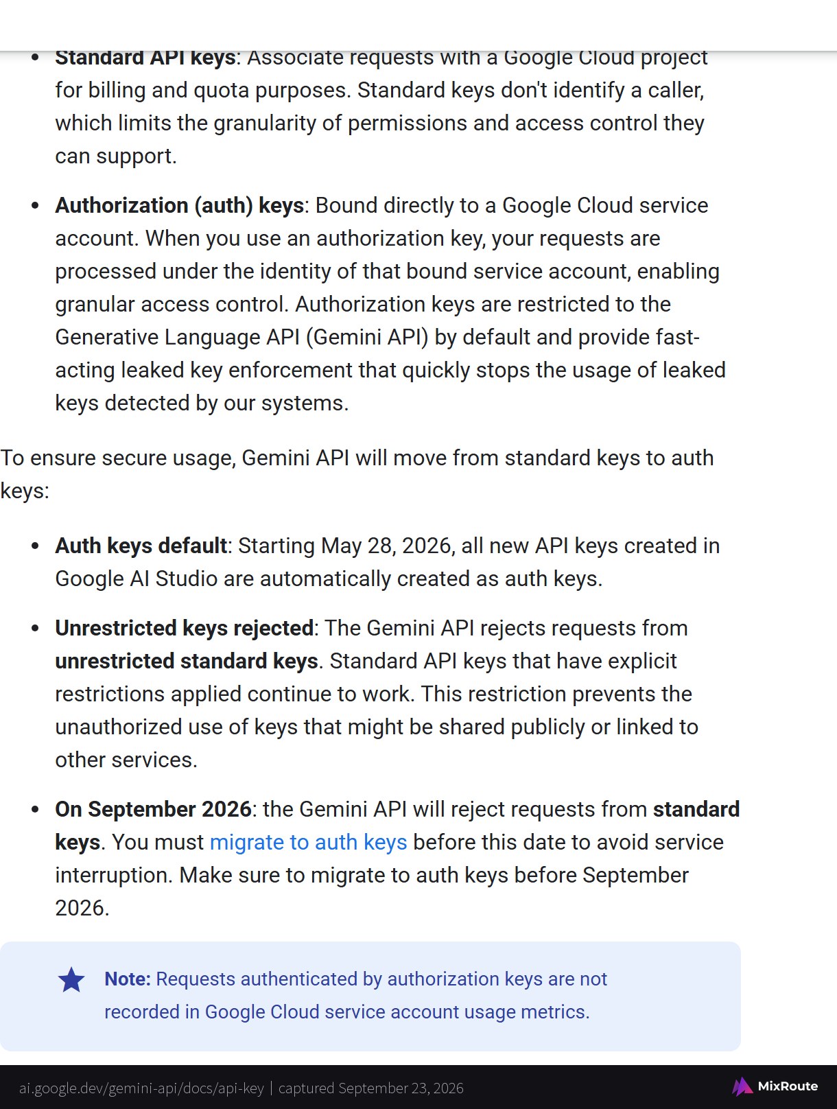 Google's Gemini API documentation describing the September 2026 deadline to migrate from standard to auth keys