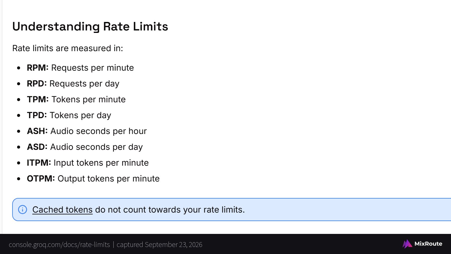 Free AI APIs Compared: Recurring Free Tiers, Trial Credits, and Local Models 4 GroqDocs rate limits page listing RPM, RPD, TPM, TPD and other measurement dimensions