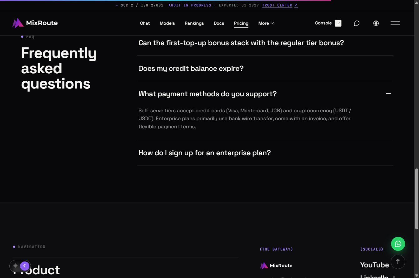 Free AI APIs Compared: Recurring Free Tiers, Trial Credits, and Local Models 6 MixRoute self-serve card and stablecoin payment methods, plus enterprise wire transfer options
