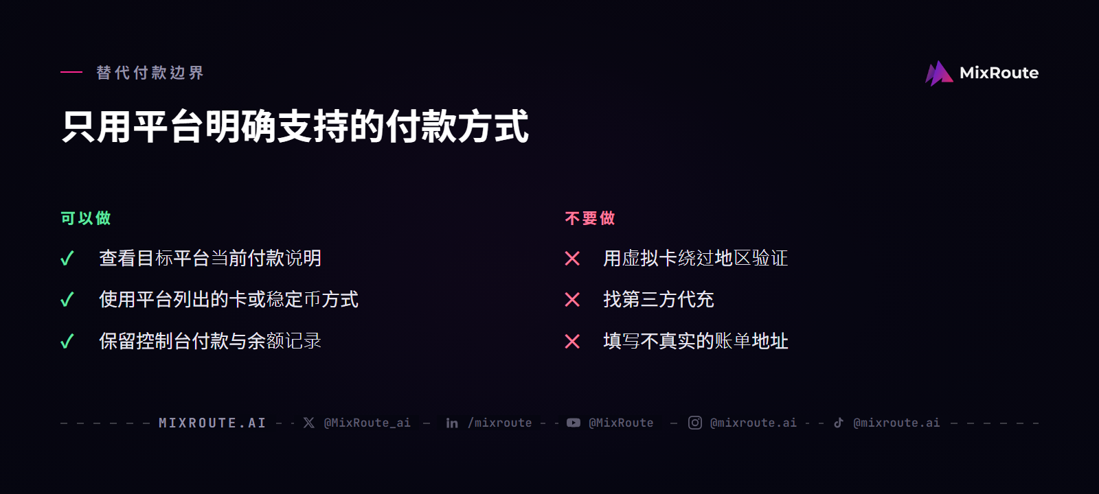 信用卡无法用于 AI API 付款时，可使用平台明确支持的方式，不使用虚拟卡绕验证、代充或虚假账单地址。
