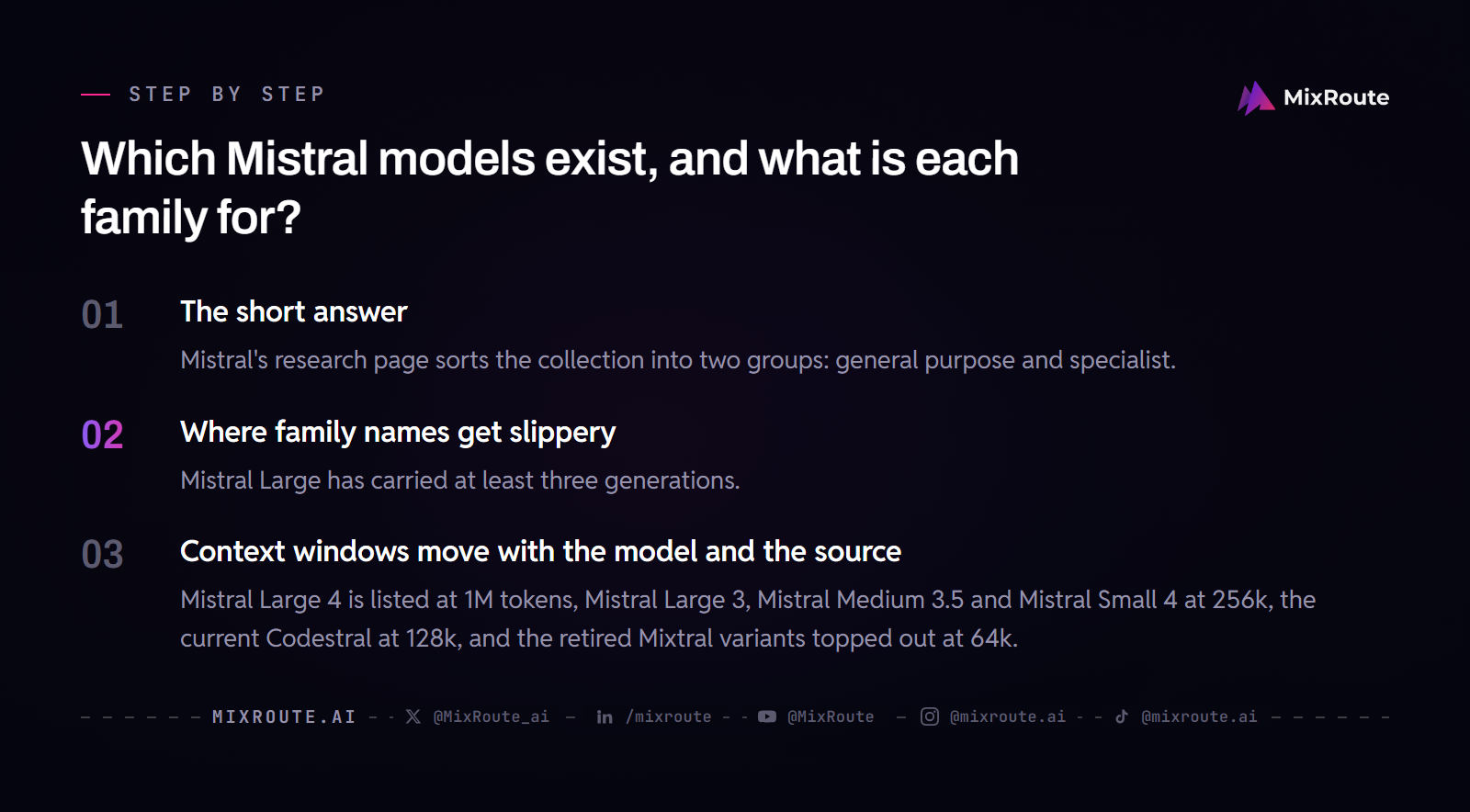 Which Mistral models exist, and what is each family for?