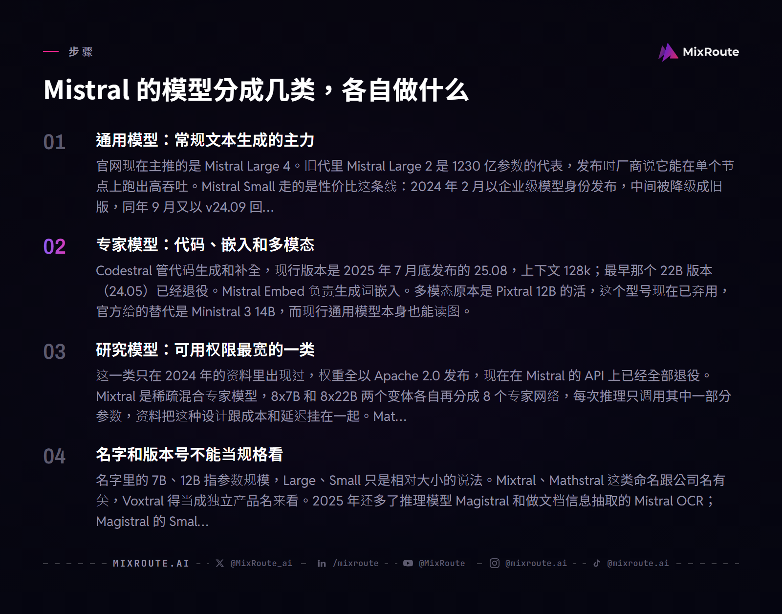 Mistral AI 是什么:模型家族与三条使用路线 3 Mistral 的模型分成几类,各自做什么