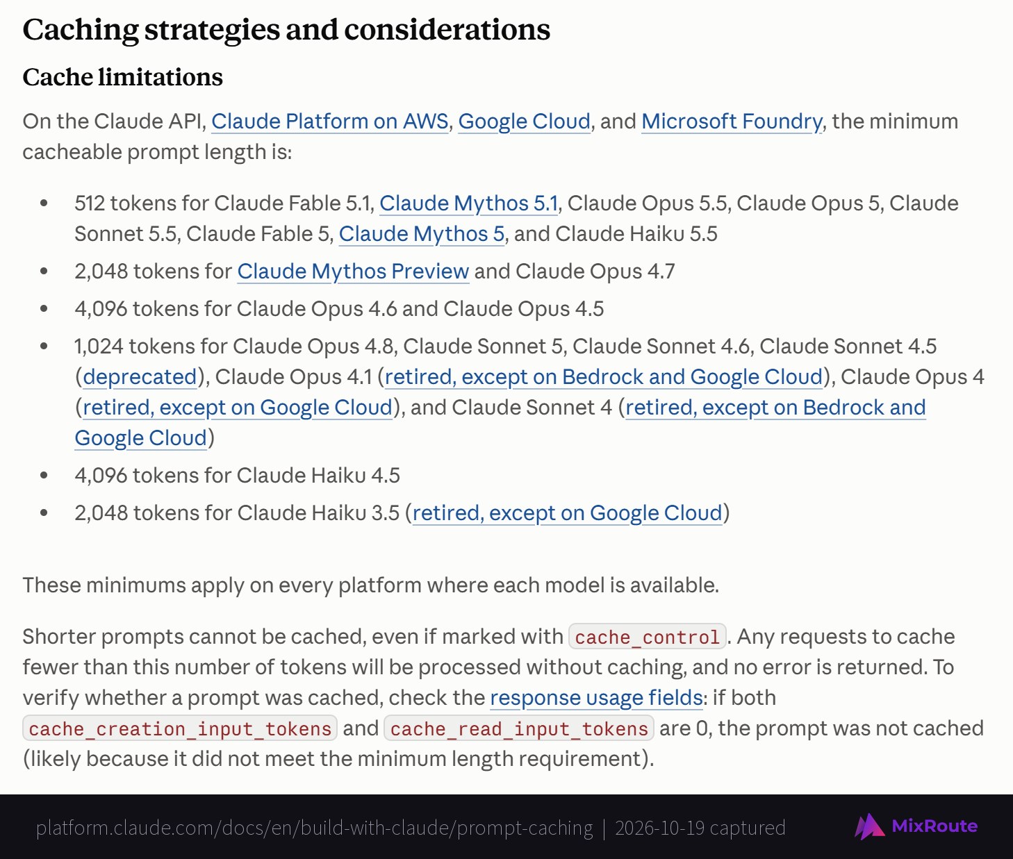 Anthropic prompt caching documentation listing the minimum cacheable prompt length per Claude model: 512, 1,024, 2,048 and 4,096 tokens