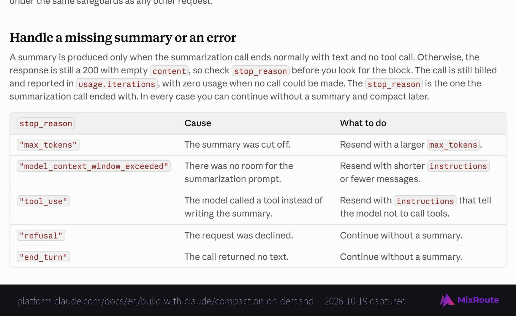 Why Do LLM API Token Limit Failures Happen and How to Fix Them 6 Anthropic documentation table mapping compaction stop reasons such as max_tokens and model_context_window_exceeded to their cause and what to do