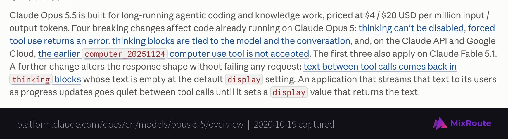 Anthropic's Claude Opus 5.5 model page paragraph listing four breaking changes: thinking can't be disabled, forced tool use returns an error, thinking blocks are tied to the model, and computer_20251124 is not accepted
