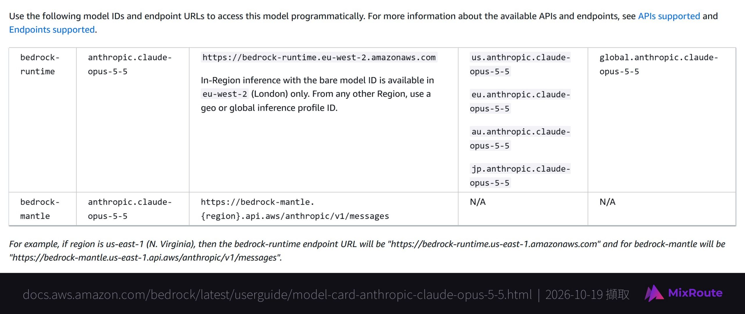 AWS 的 Claude Opus 5.5 模型頁，列出 bedrock-runtime 與 bedrock-mantle 的模型 ID，以及 us、eu、au、jp 與 global 的 inference profile ID