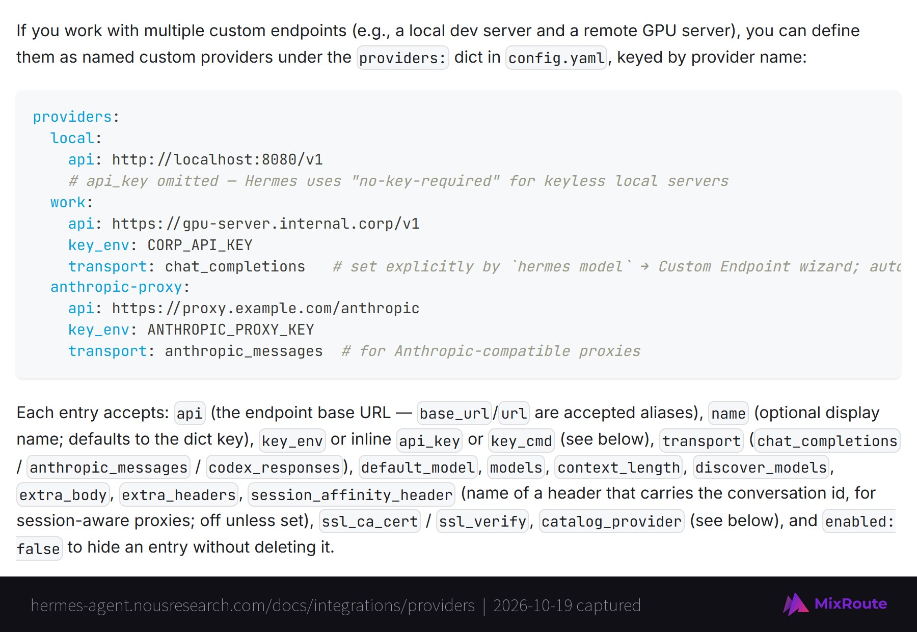 Hermes Agent documentation showing named custom providers defined under providers: in config.yaml with api, key_env and transport fields
