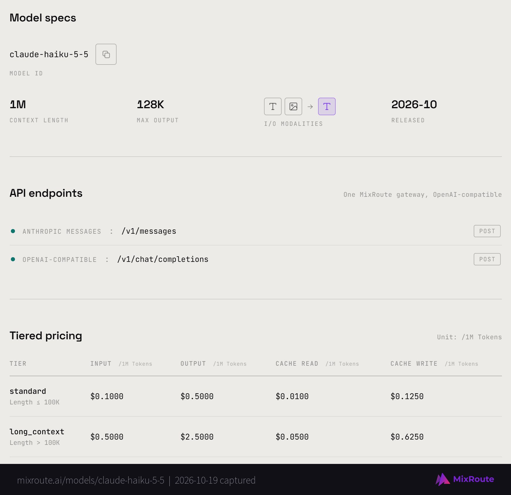 Best AI Models for Job Search Tasks: A Builders Guide (2026) 6 MixRoute model page for Claude Haiku 5.5 showing Model ID claude-haiku-5-5, 1M context, text and image input, and tiered pricing of $0.10 input and $0.50 output per 1M tokens up to 100K