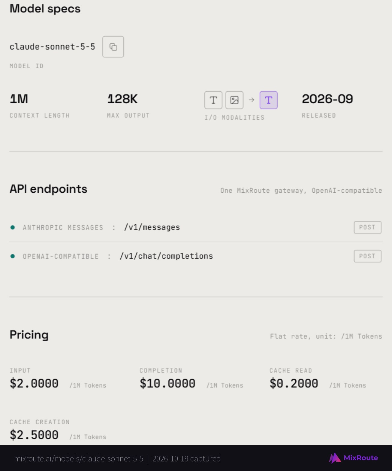 MixRoute model page for Claude Sonnet 5.5 showing Model ID claude-sonnet-5-5, 1M context, 128K max output and per-token pricing