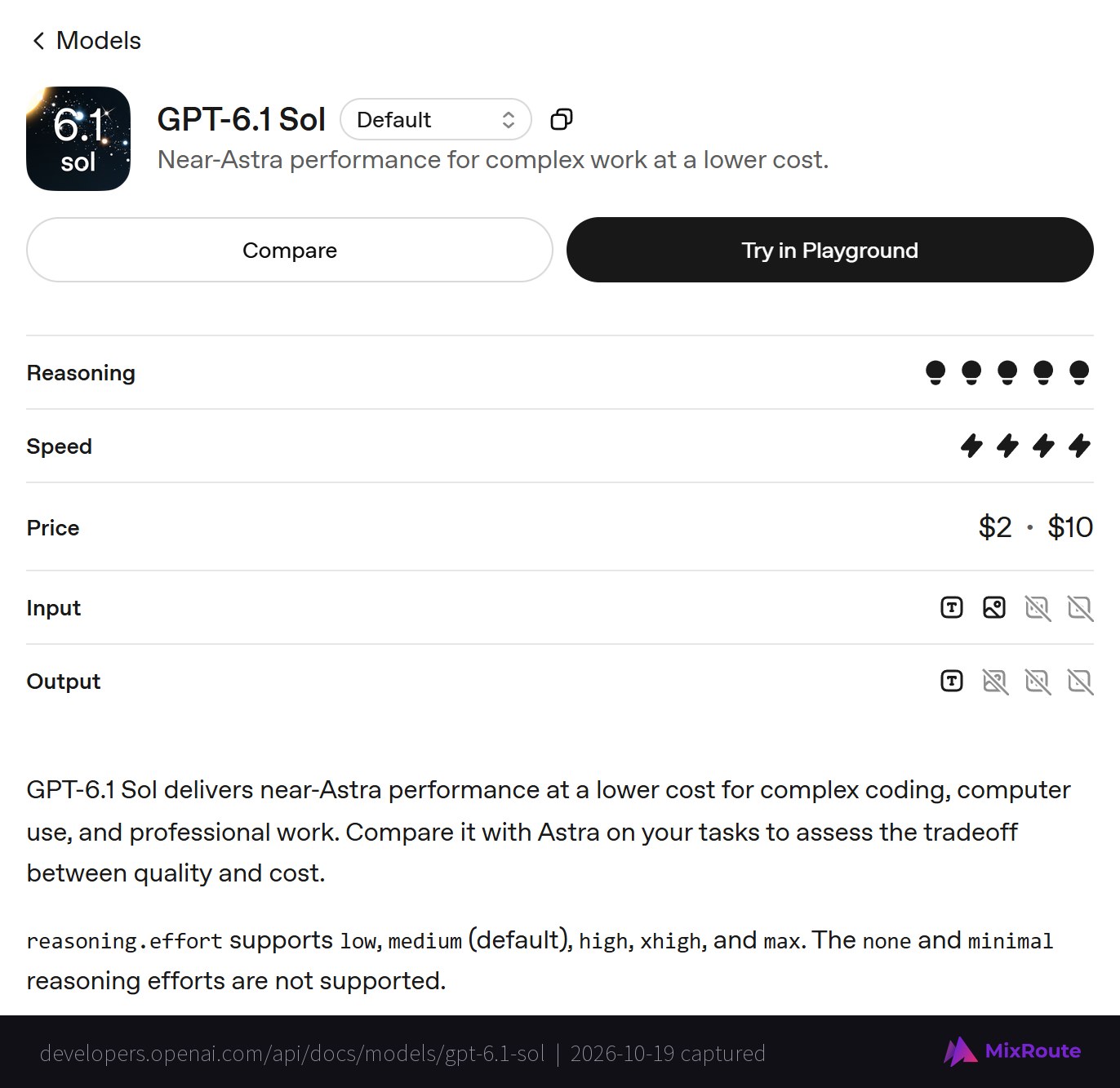 OpenAI's GPT-6.1 Sol model page showing the $2 input and $10 output price, the supported reasoning efforts, and the note that tool calling needs the Responses API