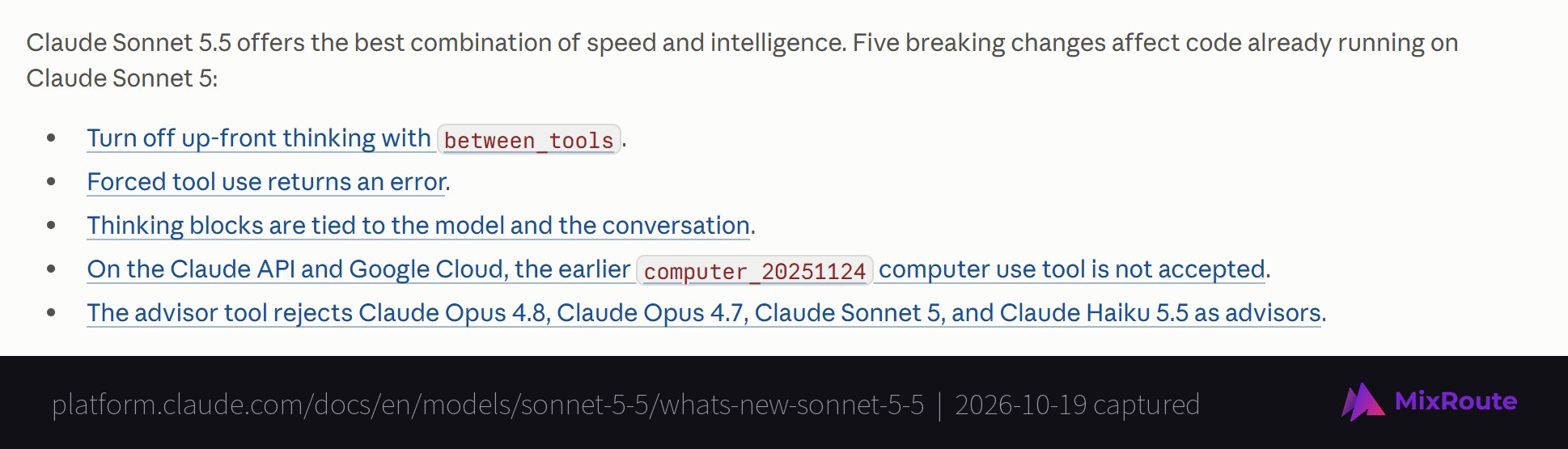 Anthropic's What's new in Claude Sonnet 5.5 page listing five breaking changes for code running on Claude Sonnet 5, starting with turning off up-front thinking with between_tools